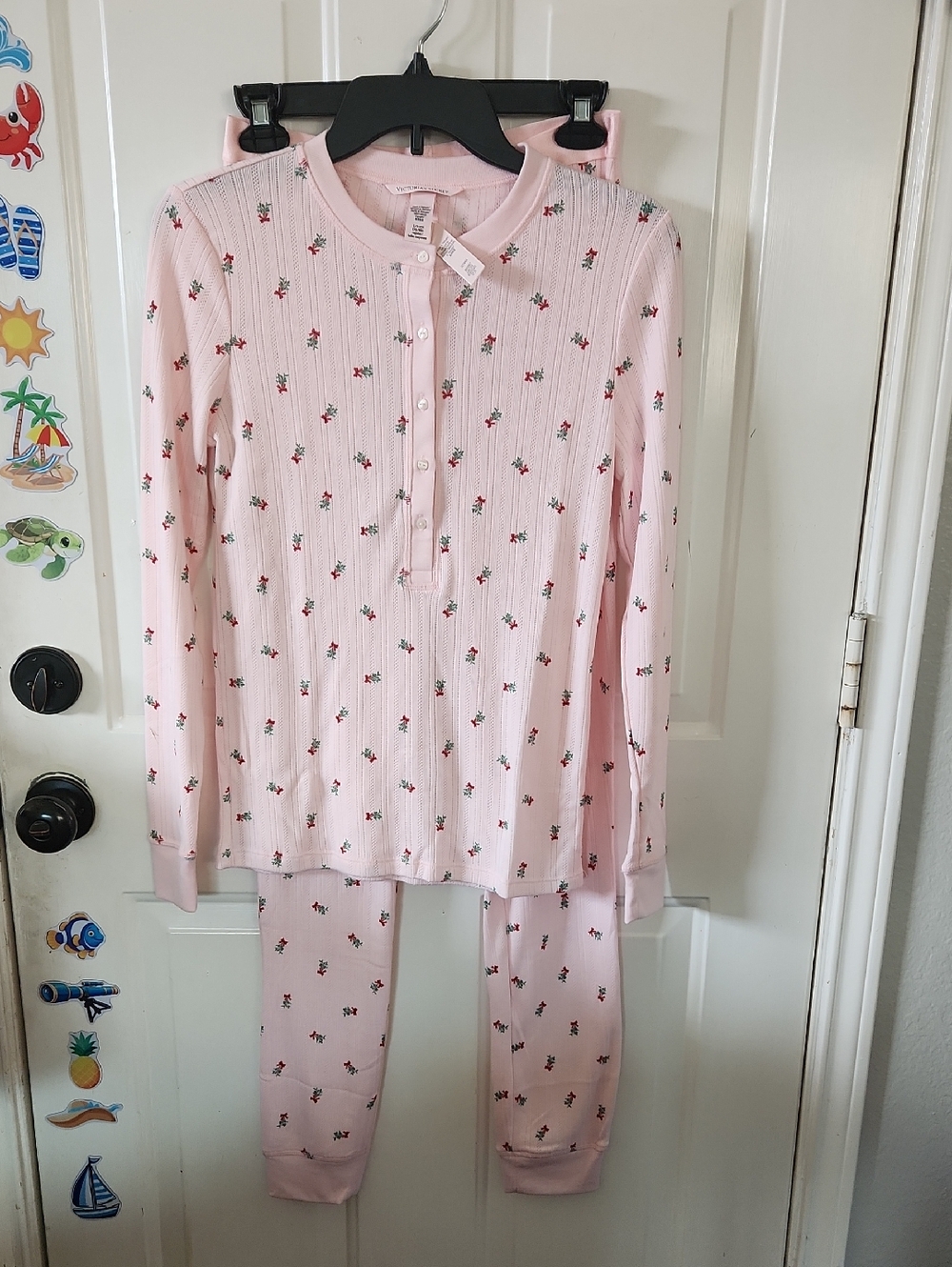 Victoria's Secret Pink Mistletoe Ribbed Henley Long Pajama Set Womens Small NWT